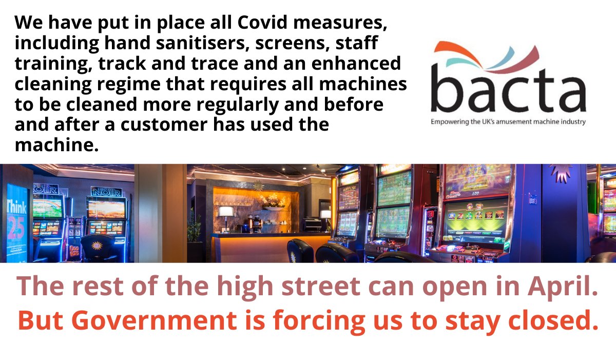 Our venues are safe, Covid-secure and desperate to open.
 
Why we're forced to remain closed when competitors will be able to open in April remains unknown. 
 
We urge <a href="/DCMS/">Department for Culture, Media and Sport</a> to help save our industry by allowing us to open in line with similar businesses.

Please spread the word.