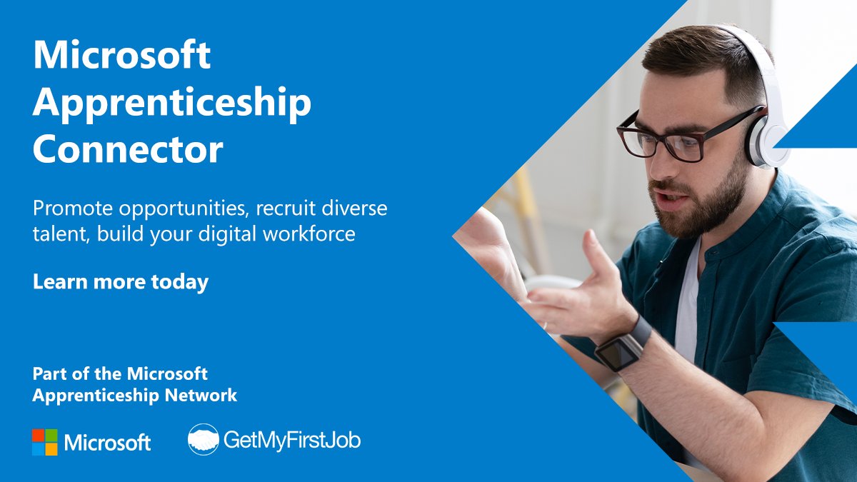 We're delighted to announce the launch of the Microsoft Apprenticeship Connector.

Created by Microsoft, the <a href="/GetMyFirstJob/">GetMyFirstJob</a> platform will connect employers to a larger, more diverse talent pool and much more.

Get all the details here: msft.it/6013VEqqt

 #Apprenticeships