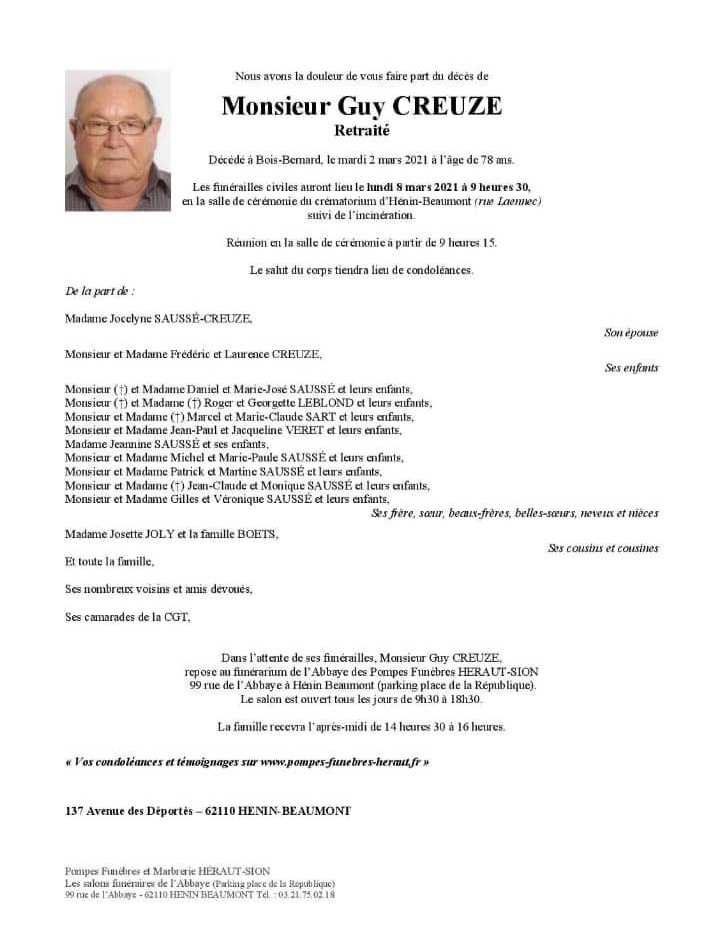 La section PCF d'Hénin-Beaumont a le regret de vous annoncer le décès du camarade Guy Creuze. Tout nos vœux de condoléances à la famille et aux proches.