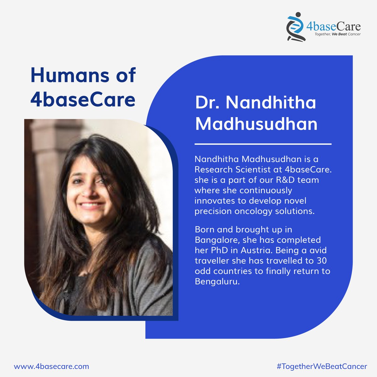 4baseCare's tweet photo. #Humansof4baseCare
Meet Nandhitha
An Avid Traveller
Works diligently to bring value to the research & treatment of Cancer.
#EmployeeStories #HR #4baseCare #TogetherWeBeatCancer https://t.co/u3UzkhMa8G