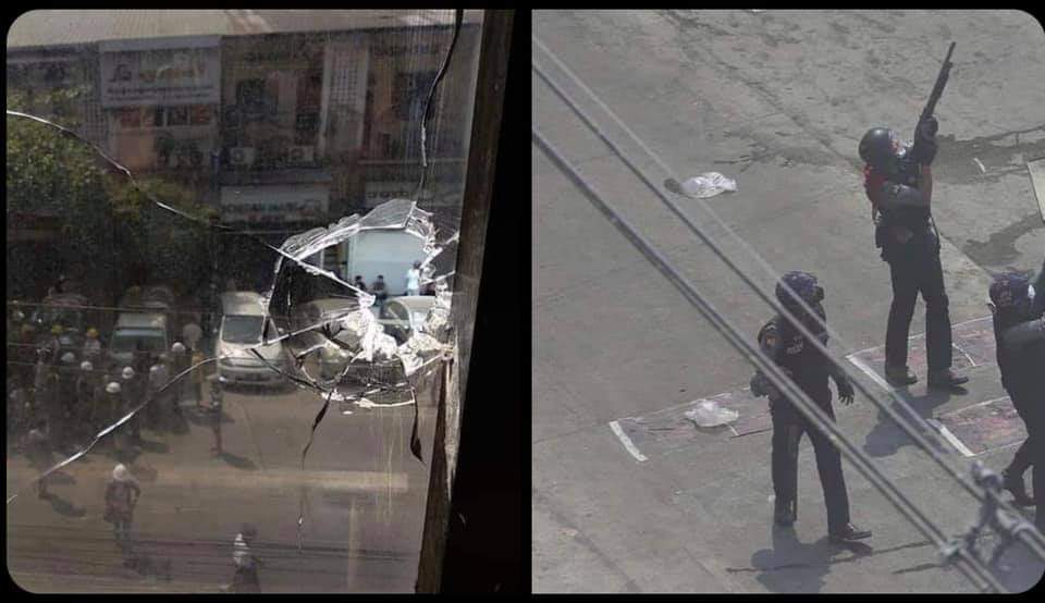 Yangon Sanchaung Township , junta terrorists are shooting into the residential buildings with live rounds.
1:20pm
#WhatsHappeningInMyanmar 
#Mar5Coup