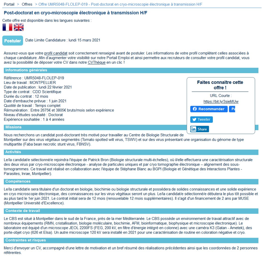 [Job!] Offre de post-doc en cryo-MET au CBS à Montpellier, pour une durée de 1 an renouvelable. Toutes les infos pour postuler: ⬇️⬇️
Et tous les jobs: sfmu.fr/fr/emploi/offr…