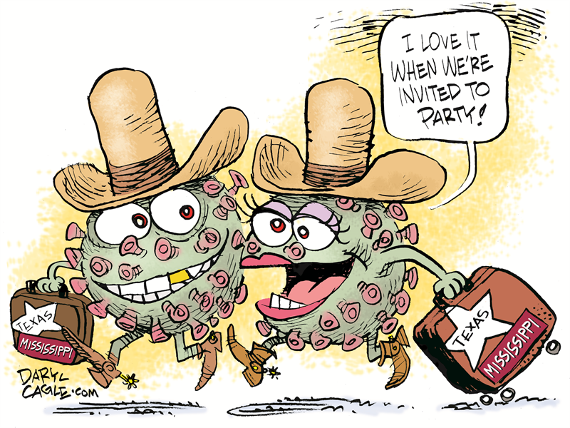 dcagle's tweet photo. Here's my cartoon on Texas and Mississippi dropping mask mandates and restrictions on businesses. See my other favorite cartoons about these stupid state decisions on my blog at: https://t.co/UAzVBgxUTZ
#CoronaVirusUpdates #pandemic #COVID19 #TexasReopening https://t.co/dynGpb8bgZ