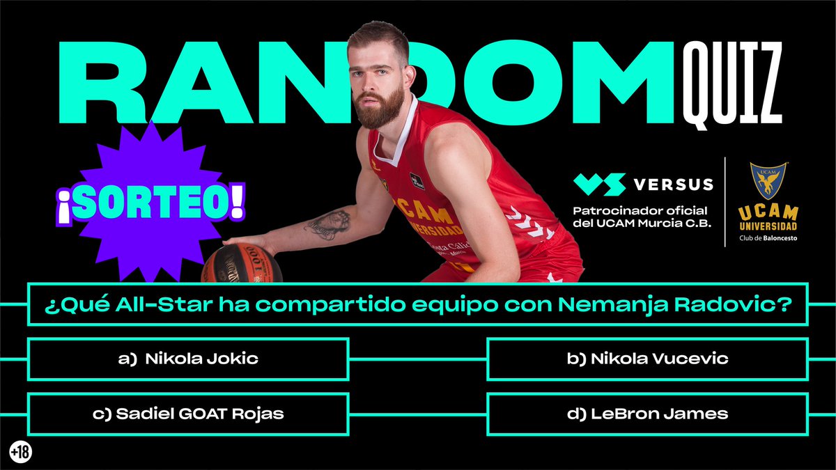 UCAMMurcia's tweet photo. 😎 | RANDOM QUIZ |
🎽 ¿Quieres ganar una camiseta oficial firmada por los jugadores del @UCAMMurcia?
✍️ ¡Atentos, que os decimos cómo!
1️⃣ Sigue a @UCAMMurcia y a @VERSUSapuestas.
2️⃣ Responde correctamente a la pregunta.
3️⃣ Haz RT y menciona a un amigo.
🔞 Solo
#RandomQuiz https://t.co/we8sBaxYZA
