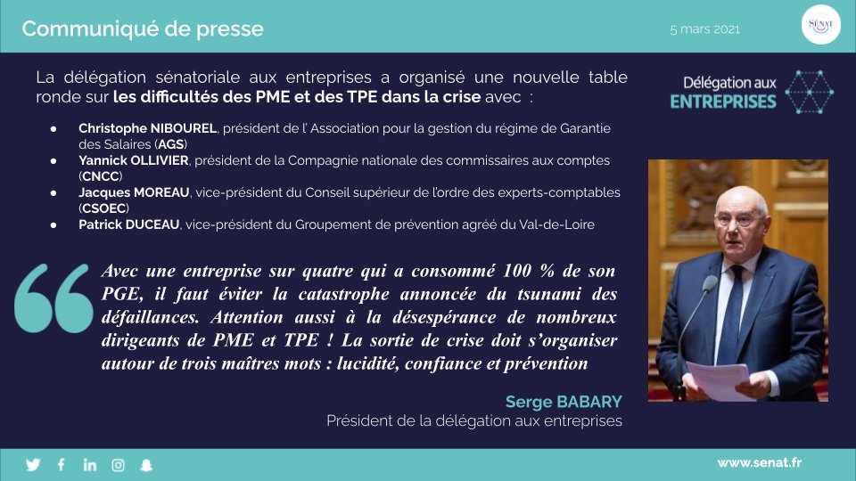 Senat's tweet photo. 📢Pour la délégation #EntreprisesSénat présidée par Serge #Babary : « Lucidité, confiance et prévention : indispensables pour organiser la sortie de crise des PME-TPE »
Le communiqué de presse👉https://t.co/965YwtgyB7
🔎Pour revoir l’audition : https://t.co/e5LtYc0YnY https://t.co/0ts0jyABM1