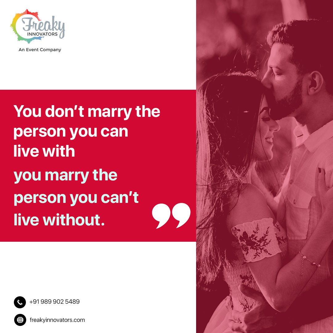 Freakyinnovator's tweet photo. "You don't marry the person you can live with, you marry the person you can't live without" 👩‍❤️‍👨

Visit https://t.co/EHOw5zkwwv for wedding planning &amp; event management services.

#quotes #quoteoftheday #marriage #couplegoals #freakyinnovators #ahmedabad #mumbai #delhi https://t.co/yEOKDadVlO