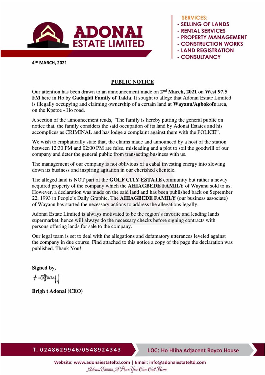 AdonaiEstateltd's tweet photo. ATTENTION! ATTENTION!! ATTENTION!!!
KINDLY CHECK SECOND FRAME FOR COPY OF THE DECLARATION. PUBLISHED AT THE EXTREME RIGHT!
#voltalandshub #adonailands #landssupermarket #LitigationFree #realestate https://t.co/1TSDE00eNr