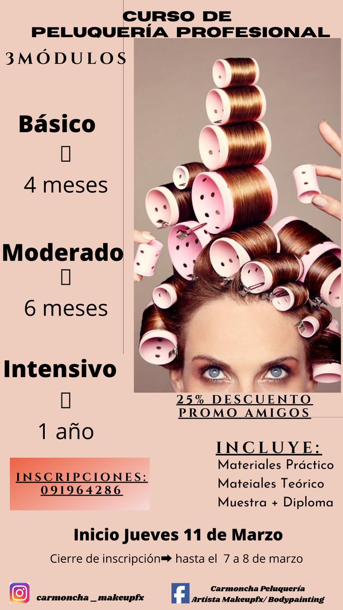 Carmonchamakeup's tweet photo. Cursos disponibles en young !!
Marzo con todo en cursos !
Las inscripciones se hacen con seña para asegurar lugar ya que serán max. 6 alumnos !
Consultas al cel👇
#cursospeluqueria #cursomaquillaje #peinados #young #uruguay https://t.co/DSxs0AGwYW