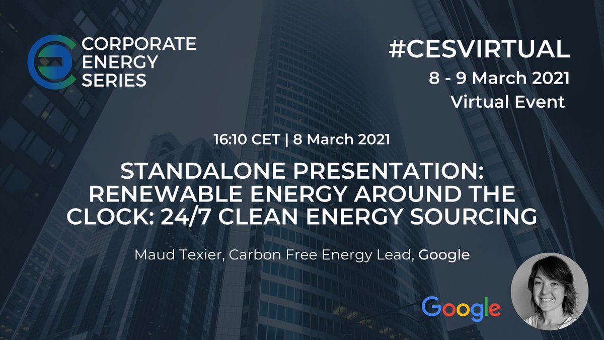 CESeries's tweet photo. We are lucky enough to be joined by @Google 's Maud Texier, who will be presenting on Renewable Energy Around the Clock: 24/7 Clean Energy Sourcing. ⏰
Register: https://t.co/PABYDXETFh
#CES #CESVirtual #CES2021 #renewables #google #cleanenergy https://t.co/IM7z9JRWTK