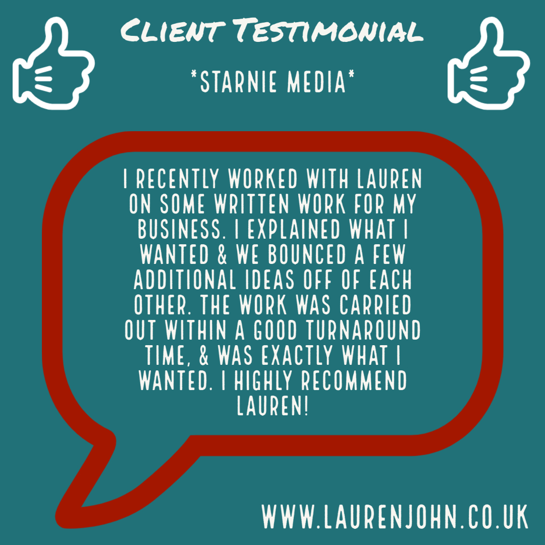 essexwriter's tweet photo. Happy client testimonial from @StarnieMedia - always chuffed to get content on point and delivering for happy clients. #copywriter #UKcontentwriter #startup #smallbusinesshelp #marketingcontent #supportsmallbusinesses #testimonial https://t.co/2EQrRlL3Uk