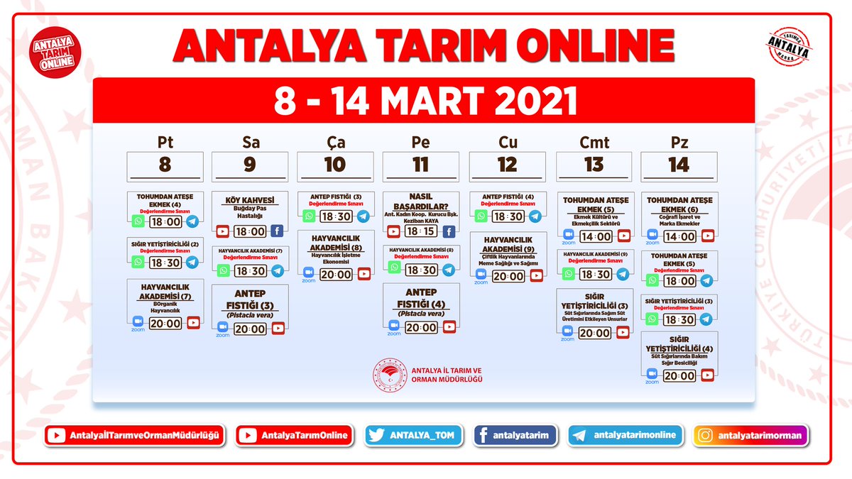 #AntalyaTarımOnline

Müdürlüğümüz Uzaktan Eğitim Faaliyetleri kapsamında 08-14 Mart 2021 programımız

Güncel ücretsiz eğitimlerimize kayıt olmak için aşağıdaki linke tıklayınız;

docs.google.com/spreadsheets/d…

#GelecekTarımda
#Antalya1207

<a href="/gokhankaraca_/">Gökhan Karaca</a> <a href="/ersinyazici1/">Ersin YAZICI</a> <a href="/bekirpakdemirli/">Dr. Bekir Pakdemirli</a>