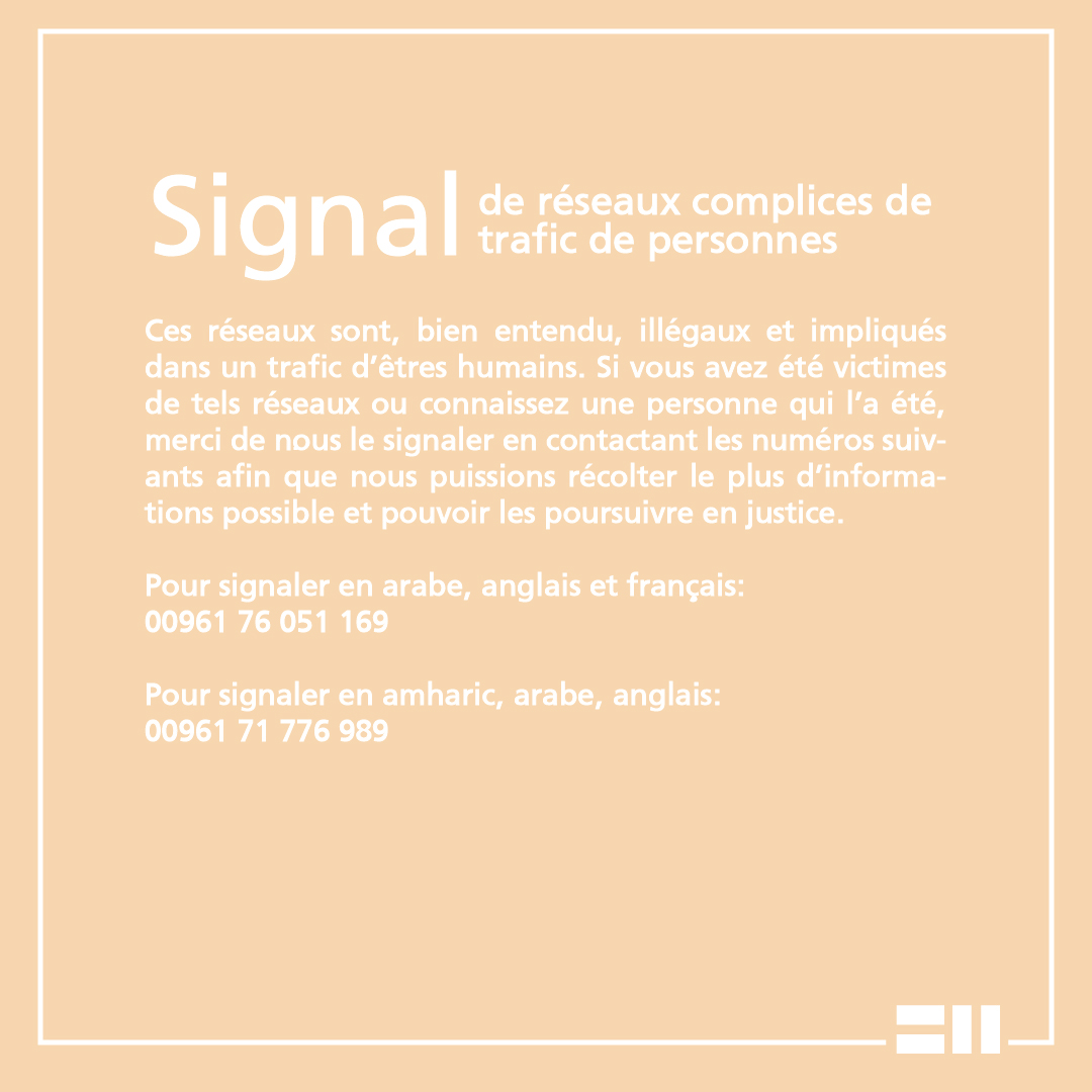 Aidez-nous à enquêter sur les réseaux de trafic d'êtres humains ciblant les travailleurs migrants et les travailleuses domestiques migrantes au #Liban.

Partagez le contact ci-dessous en cas d'information ou de suspicion de trafic d'êtres humains