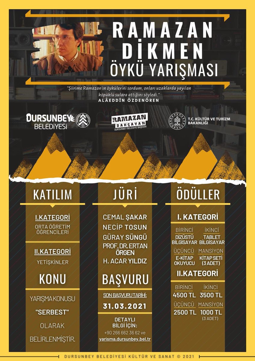 Dursunbeybel's tweet photo. ✒️Ramazan Dikmen Öykü Yarışmasına Yoğun İlgi📜

Ramazan Dikmen Öykü yarışmamıza başvurular devam ediyor. Ülke genelinden yüzlerce öykünün gönderildiği yarışmamız 🗓31 Mart tarihinde son bulacak...

➡️ https://t.co/b6tYWfjd0s https://t.co/XclYQEdHMM