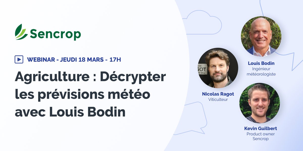 📆Webinaire le Jeudi 18 mars à 17h
🎯Thématique : Agriculture : Décrypter les prévisions météo avec Louis Bodin
Les différents modèles prédictifs se valent-ils tous ? Comment les choisir en fonction de son activité ? Quel indicateur doit-on chercher ? 
👉hubs.la/H0HMKjK0