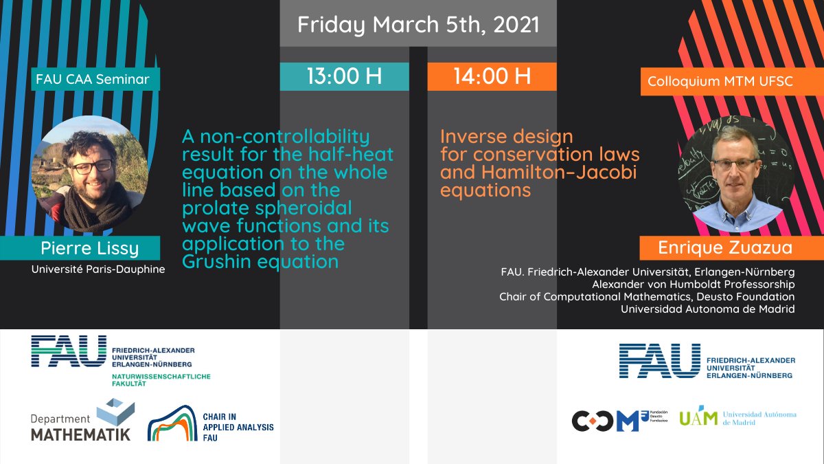 UniFAU_DCN's tweet photo. 📢Ready? 😀< 30mins away to enjoy our #MathFriday with us!
13H | #FAUCAASeminar by Prof. Lissy @Paris_Dauphine (don't forget to request your link)
14H | Prof. @ZuazuaEnrique @UniFAU at Colloquium MTM at Youtube 👉 https://t.co/V0bNelkgQk
ENJOY!🙌https://t.co/wOYJU23Rw5 https://t.co/ctTweytZCa