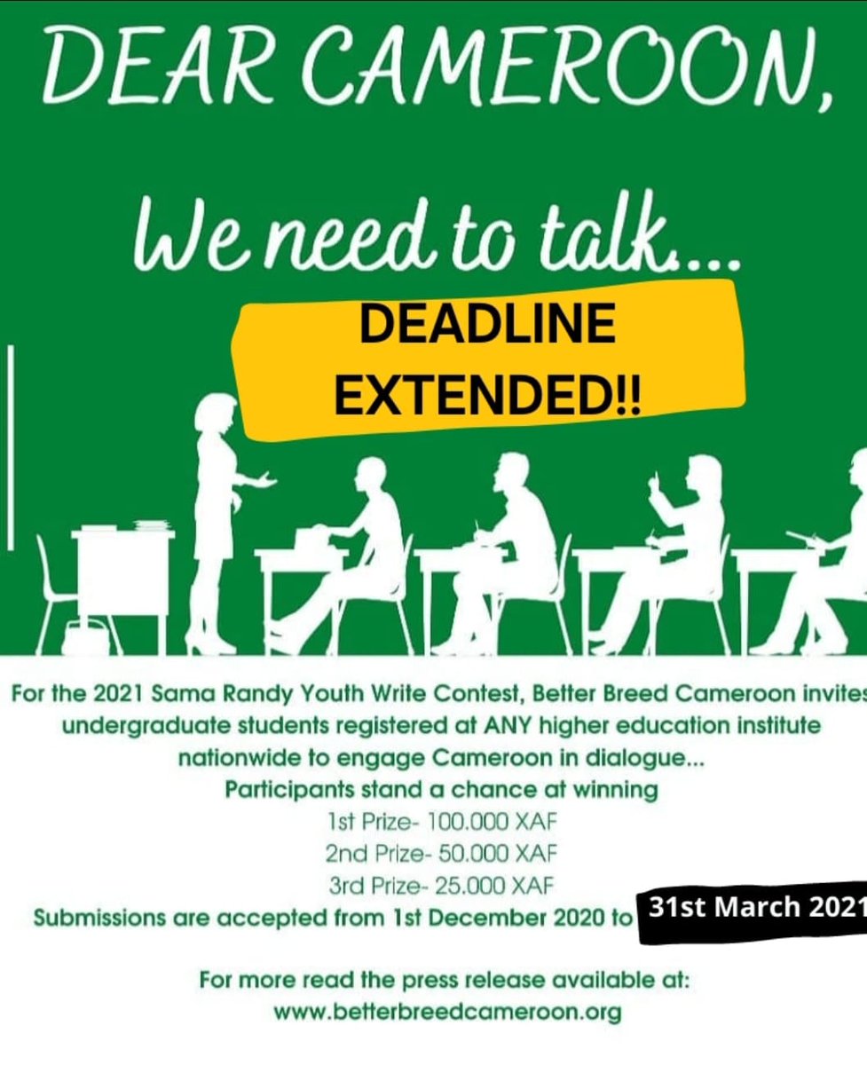 Apply Now: The 2021 Sama Randy Youth Write Essay Contest

MORE DETAILS AT: opportunitiesforcameroonians.com/apply-now-the-… | APPLICATION DEADLINE: 31 March, 2021