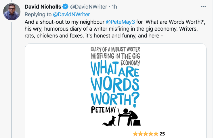 PeteMay3's tweet photo. Great to get a mention from One Day, Us and Sweet Sorrow author David Nicholls as part of #TwitterBookLaunch celebrating books published during lockdown. https://t.co/LjVujc8oHw