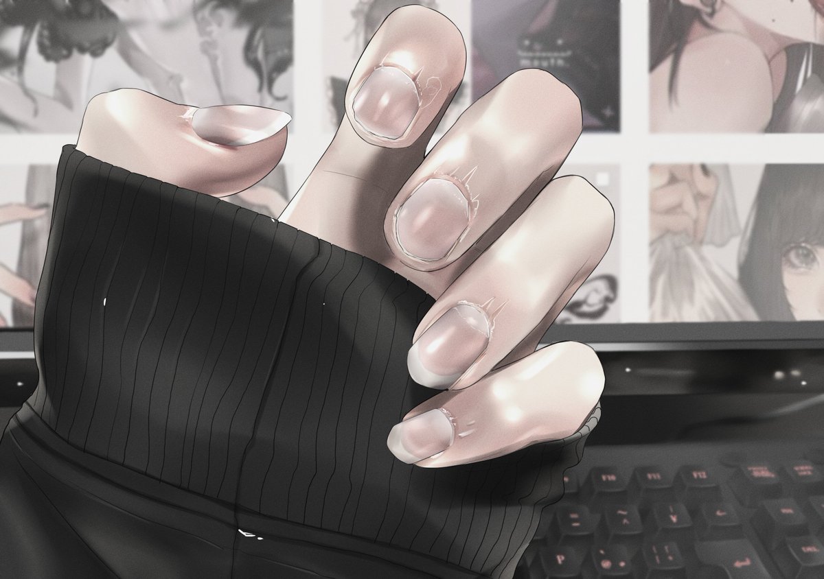 1girl sweater solo mole mole under mouth fingernails keyboard (computer)  illustration images