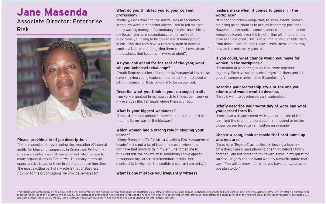 Gearing up to International Women’s Day, it’s a pleasure to celebrate some of our #EYZimbabwe women. With half the global population being female, as fathers, husbands, sons and colleagues it's important to make sure #SheBelongs now &amp; beyond the month of March.#WomenFastForward