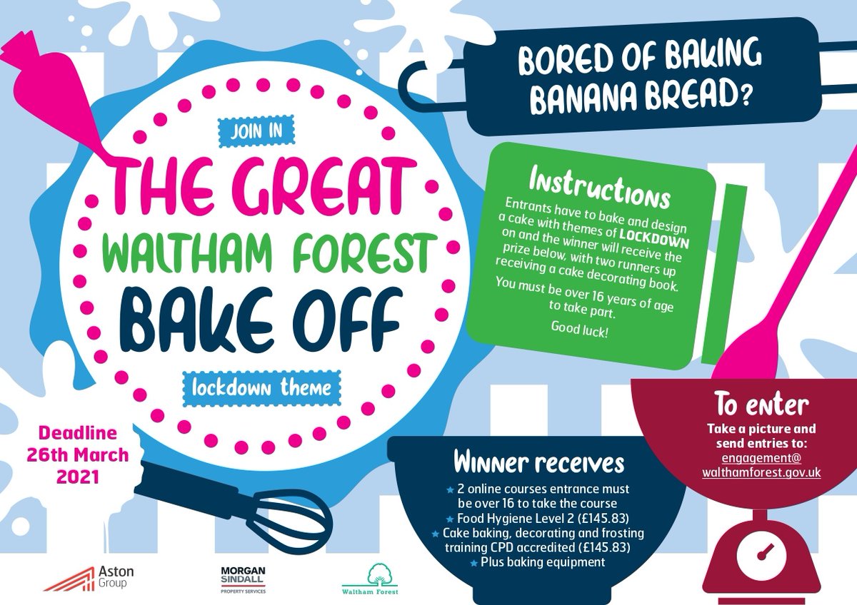 Waltham Forest Council (@wfcouncil) on Twitter photo Join The Great Waltham Forest Bake Off
Design&bake a cake with a Lockdown theme and send a picture of it to engagement@walthamforest.gov.uk with your name to be in with a chance of winning 2 baking courses and baking equipment to take your banana bread to another level🚀 Join The Great Waltham Forest Bake Off
Design&bake a cake with a Lockdown theme and send a picture of it to engagement@walthamforest.gov.uk with your name to be in with a chance of winning 2 baking courses and baking equipment to take your banana bread to another level🚀