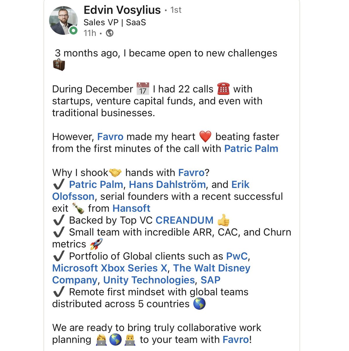 PatricPalm's tweet photo. Led by Edvin @favroapp have now assembled a star 🌟 team in Vilnius 🇱🇹 We have until now only been relying on no-touch product led growth and self-serve onboarding. Now we got our first sales team🚀 #agile #WFH #WFA @NordicMade #Uppsalatech #vilniustech https://t.co/yuuNWBibHI