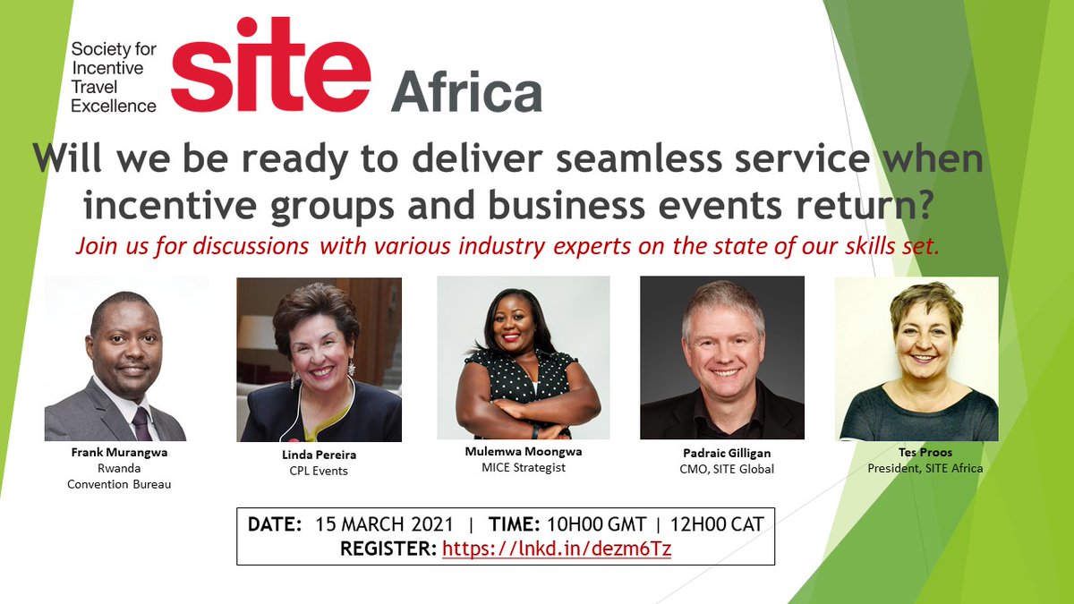 site_africa's tweet photo. “Avoid Creating a Lost Generation in Hospitality”
Date: Mar 15, 2021 10:00 AM
How do we ensure our previous high standards of service delivery when business returns?
Register here: https://t.co/md4IKKWJxt
#SITEprofs #eventprofs #meetingprofs #incentiveprofs #destinationprofs https://t.co/tMsn7Gp88w