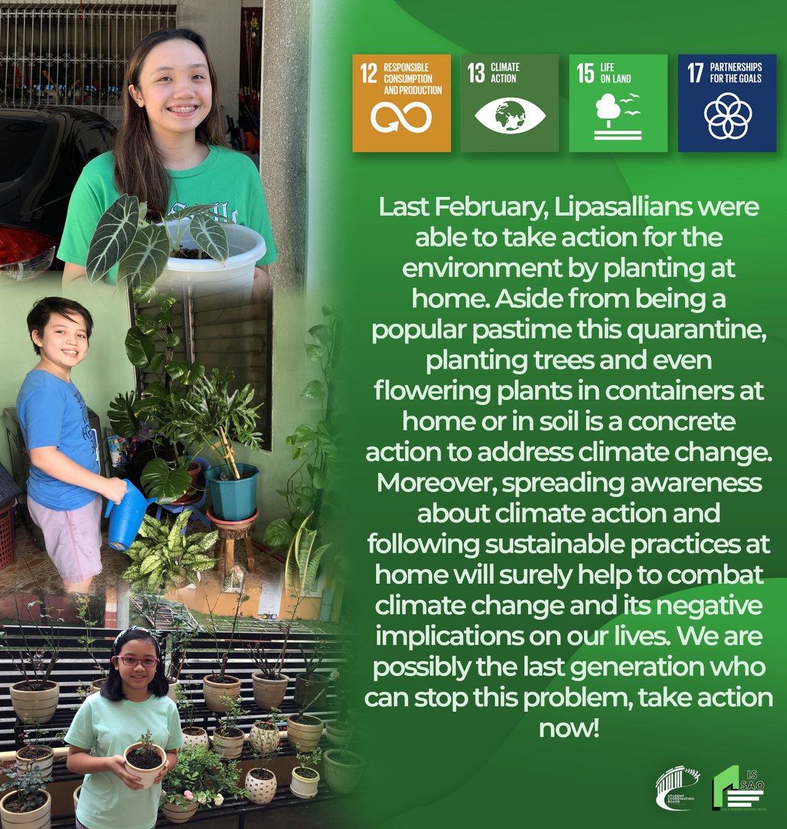 DLSLSSCB's tweet photo. Project Flora may have come to an end, but let us still continue to take care of the environment in our own little ways. Continue to be a plantita/plantito and join us in this fight for our land! ๐ฑ#ForTheGlobalGoals https://t.co/NF5gLfuKUx