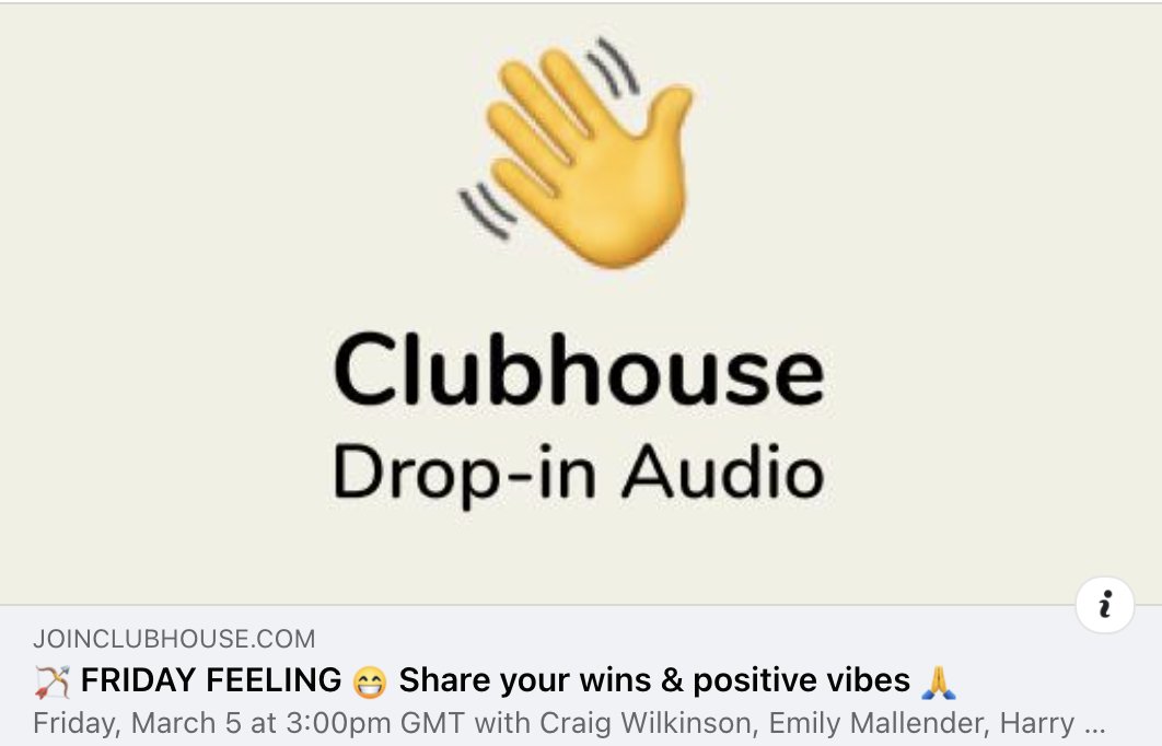 Our 3pm FRIDAY FEELING Clubhouse room is turning out to become one of your favourite rooms 😄 It's a freindly and safe room we run for you to share your business or personal wins.
Jump into our room at 3pm today 
joinclubhouse.com/event/mZ1N2qoA