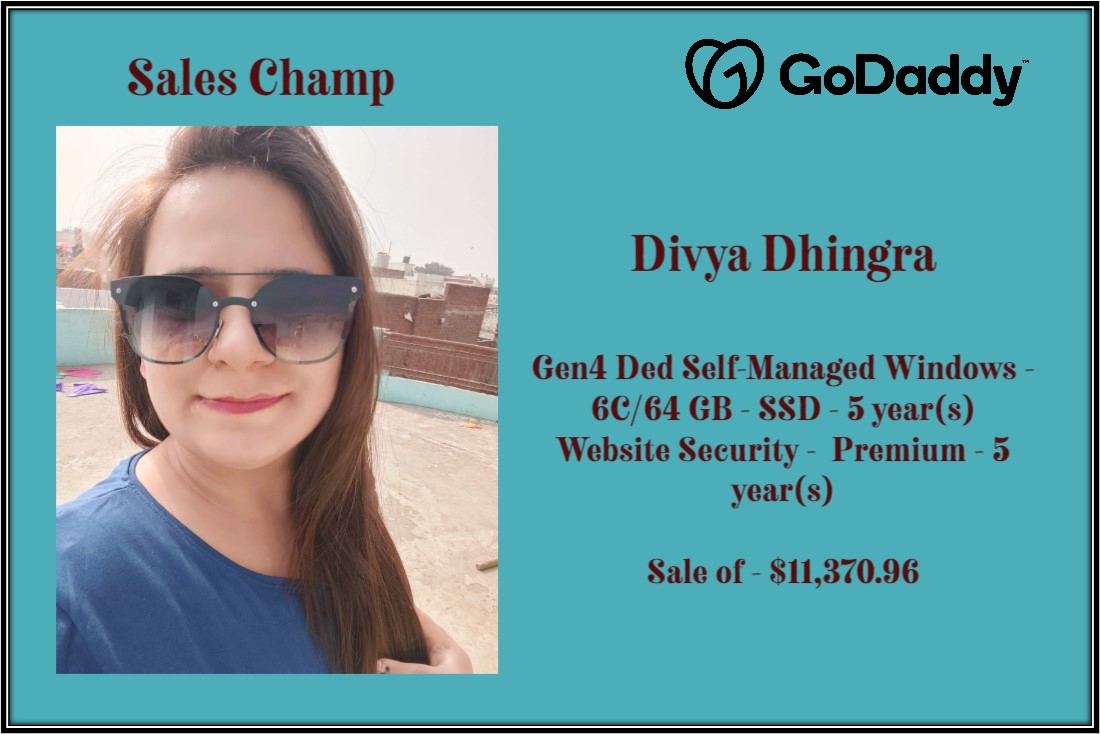 Chandigarh_uni's tweet photo. Generating massive sales worth $11,370.96, Ms Divya has been recognized as the Sales Champ at @GoDaddy. We congratulate 𝙈𝙨 𝘿𝙞𝙫𝙮𝙖 on her achievement and wish her luck in the future. #godaddy #SalesChamp @GoDaddyPro https://t.co/wQRVbLdgO0