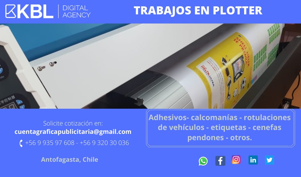 AgencyKbl's tweet photo. Ofrecemos servicio impresiones gráficas. 📱+56993597 608 📩cuentagraficapublicitaria@gmail.com

#antofagasta  #calama  #Tocopilla #Taltal #Mejillones #Chile #Santiago #adhesivos #impresiones #etiquetas #cenefas #letreros #pendones #señaletica #mineria #industria #viernes #trabajo https://t.co/AQyZXAHIGX