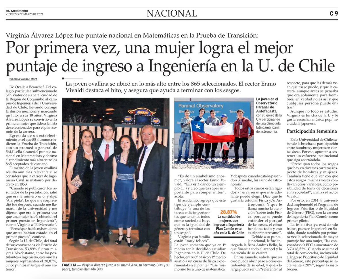 tv_monica's tweet photo. Estudios demuestran que a los 6 años las niñas empiezan a sentirse menos inteligentes que los niños para las matemáticas.
Que bueno que a Virginia nadie la convenció de eso. 1ra vez que una mujer es el mejor puntaje de ingreso a Ingeniería. 👏🏻👏🏻👏🏻
Con el machismo perdemos todos. https://t.co/h0gQAXZrCU