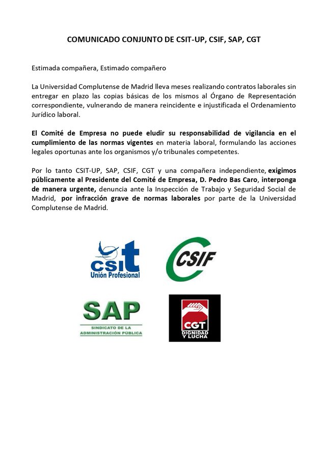 Los sindicatos minoritarios el Comité de Empresa del PAS Laboral de la Universidad Complutense no estamos teniendo acceso a la información de los contratos para ejercer nuestros derechos sindicales. #universidades #enseñanza #transparencia