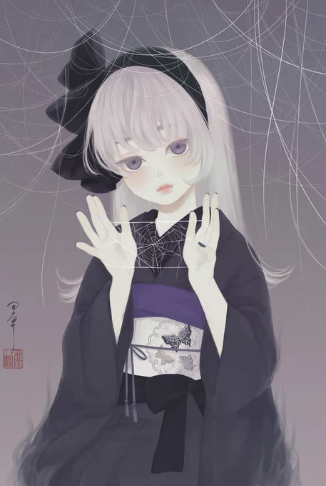 いととりあそび https://t.co/Z0aX83iMQq #ARTstreet #MediBang #女の子 #着物 #クモ #銀髪 