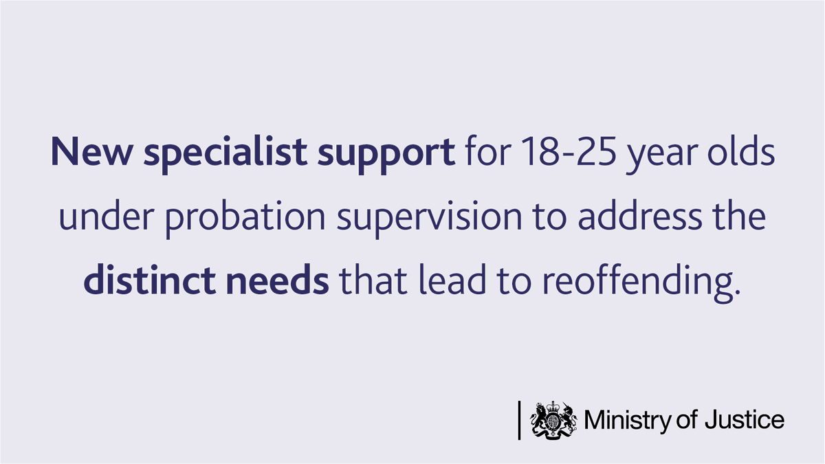 Young adults in the CJS have a high risk of reoffending. Services that get their lives back on track are vital. We're announcing a first of its kind probation hub for 18-25 y/o to:

+Address distinct needs
+Support mental health
+Offer mentoring &amp; therapy

gov.uk/government/new…