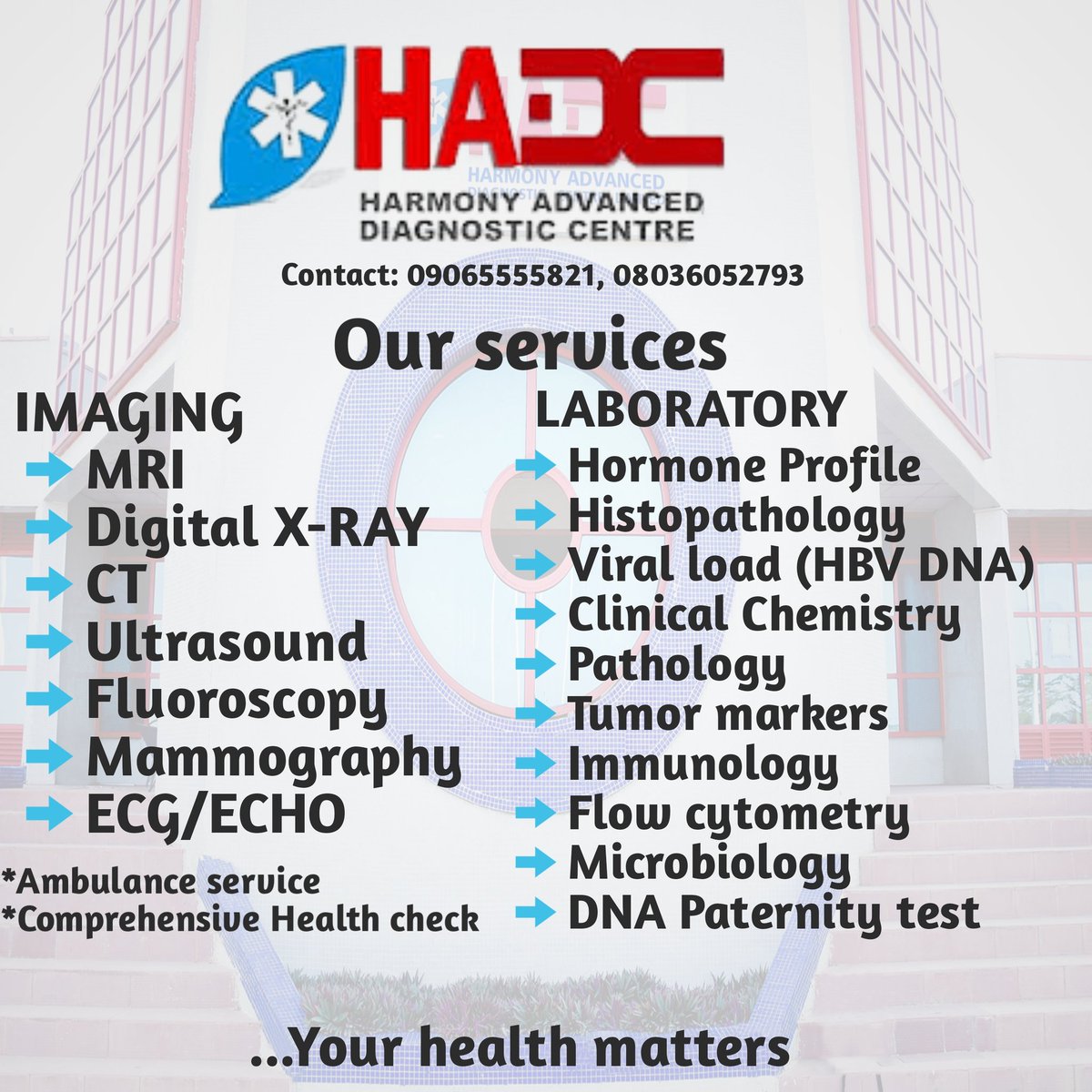 HadcNigeria's tweet photo. Your health is our priority.
We are always ready to serve you better.
#Harmonyadvanced
#Hadc
#healthDiagnosticservice https://t.co/jsIgHF8XjC