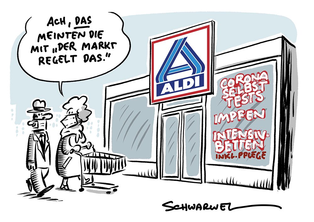 TSchwarwel's tweet image. „Abgabe an Kunden stark begrenzt:
Aldi verdient an Selbsttests so gut wie nichts“
schwarwel-karikatur.com
#aldi #selbsttest #Impfung #schwarwel