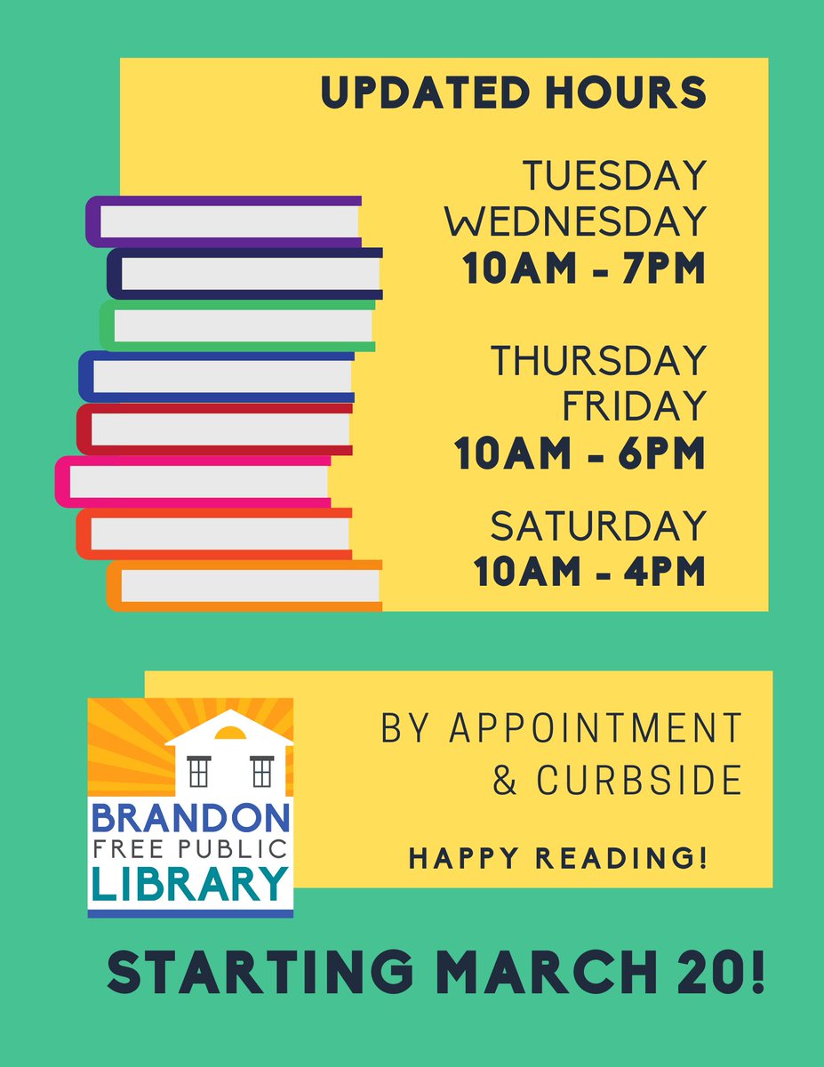 BrandonLibrary's tweet image. Coming soon: On March 20, BFPL will expand hours to resume *almost* normal library life. Appointments and masks are still required to enter the building, but BFPL will be open Saturdays, and Tuesday &amp;amp; Wednesday evening! #brandonlibrary