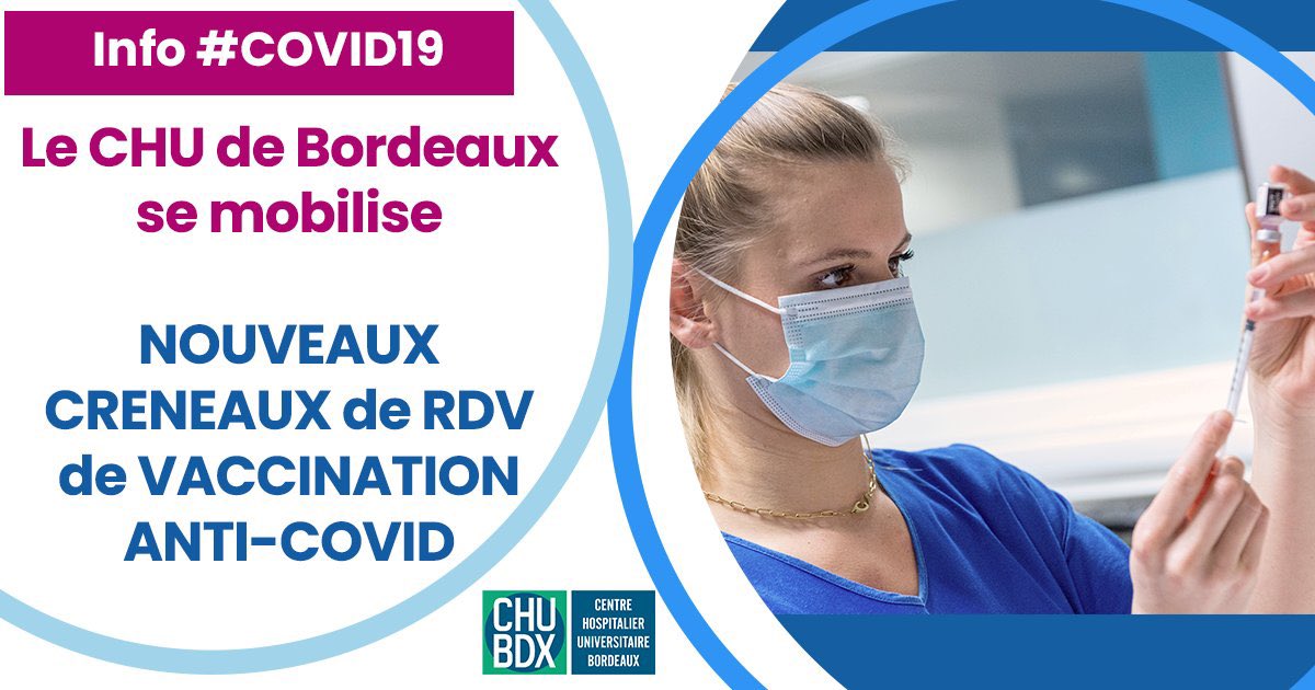 Yann Bubien (@yannbubien) on Twitter photo ⭕️ Le <a href="/CHUBordeaux/">CHU de Bordeaux</a> ouvre de nouveaux créneaux de #vaccination #COVID19 dès aujourd’hui !😷
<a href="/celine_etchetto/">ETCHETTO Céline</a> <a href="/ARS_NAquit/">ARS Nouvelle-Aquitaine</a> @ARSNA_DD33 <a href="/AllianceGironde/">GHT Alliance de Gironde</a> <a href="/Sante_Gouv/">Ministère de la Santé et de l'Accès aux soins</a> <a href="/gouvernementFR/">Gouvernement</a> <a href="/olivierveran/">Olivier Véran</a> @GrenierNicolas7 <a href="/PhilippeMorlat/">Philippe Morlat</a> <a href="/PierreHurmic/">Pierre HURMIC</a> <a href="/ElleboodeB/">ELLEBOODE Benoit</a> <a href="/peyo3319/">parneix pierre</a> <a href="/charles_cazanav/">Charles.Cazanave</a> 🙏 ⭕️ Le <a href="/CHUBordeaux/">CHU de Bordeaux</a> ouvre de nouveaux créneaux de #vaccination #COVID19 dès aujourd’hui !😷
<a href="/celine_etchetto/">ETCHETTO Céline</a> <a href="/ARS_NAquit/">ARS Nouvelle-Aquitaine</a> @ARSNA_DD33 <a href="/AllianceGironde/">GHT Alliance de Gironde</a> <a href="/Sante_Gouv/">Ministère de la Santé et de l'Accès aux soins</a> <a href="/gouvernementFR/">Gouvernement</a> <a href="/olivierveran/">Olivier Véran</a> @GrenierNicolas7 <a href="/PhilippeMorlat/">Philippe Morlat</a> <a href="/PierreHurmic/">Pierre HURMIC</a> <a href="/ElleboodeB/">ELLEBOODE Benoit</a> <a href="/peyo3319/">parneix pierre</a> <a href="/charles_cazanav/">Charles.Cazanave</a> 🙏