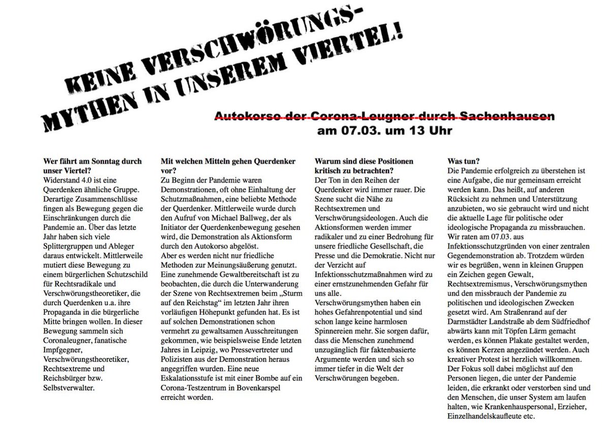 Menschen aus #Ffm Sachsenhausen haben einen kurzen Text zum Anstehenden Verachwörungs Autokorso am Sonntag 07.03. geschrieben. Die Leute freuen sich über Support! 

#QuerdenkenAusbremsen #AntifaBleibtRadArbeit #ffm0703