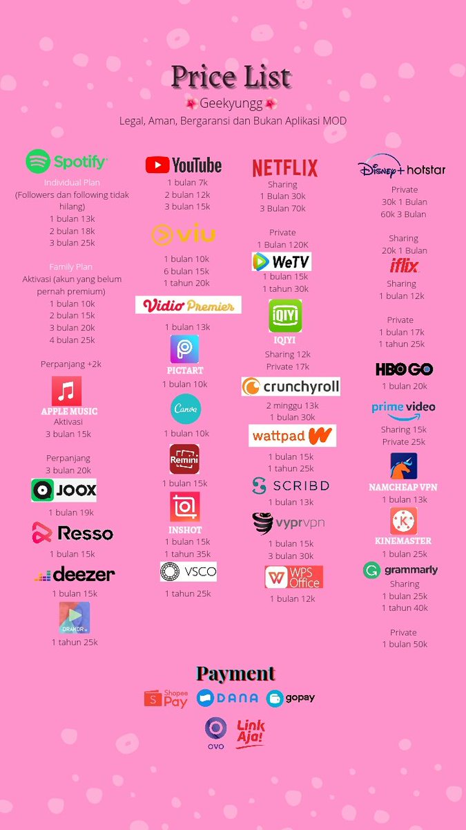 ㅤ ㅤㅤㅤ 🌺 PRICE LIST 🌺
ㅤ     🌺 APLIKASI PREMIUM 🌺

✔️ Legal &amp; aman
✔️ Bergaransi
✔️ Trusted

Testi: instagram.com/geekyungg?igsh…
Payment: Dana, OVO, Gopay, Shopeepay, Link Aja