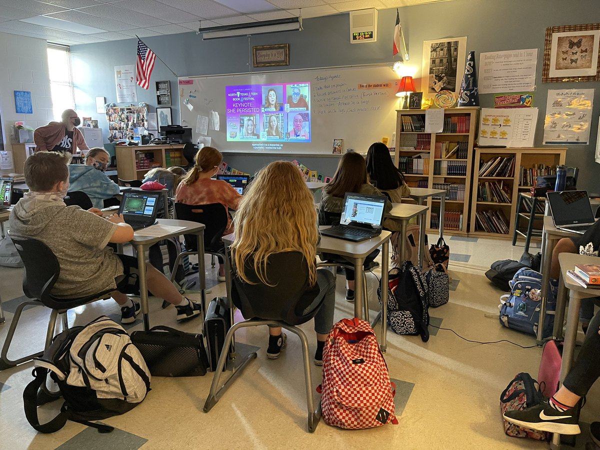 MaryHadley8's tweet photo. 6h graders are tuned in to the keynote speakers for the North Texas Teen Book Festival today! The festival is being held virtually March 5-6, 2021. Seeing Raiders engaged with these amazing authors & getting ideas for their #NextList is a reason #BISDShines. #ELARelentless https://t.co/Hse8pyw0Y2