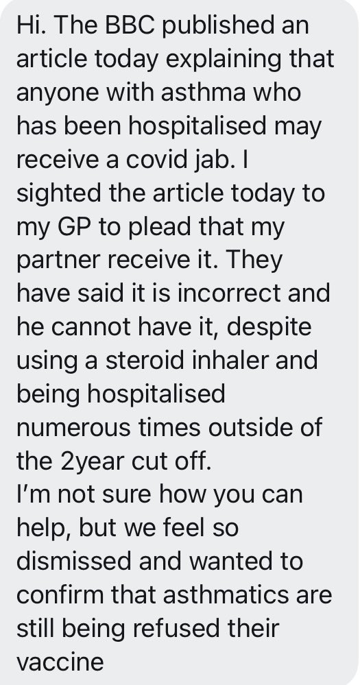 People with asthma tell me they’re concerned they haven’t been invited for the vaccine yet, when others with no such health condition are receiving it before them