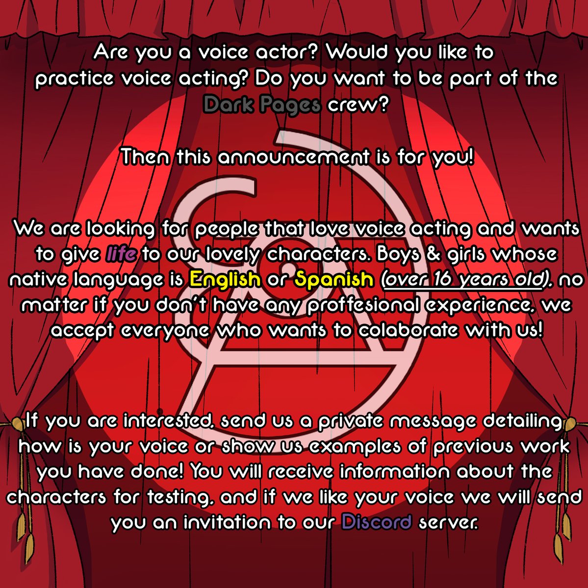 ROMProductions's tweet photo. Do you have a sweet voice? Are you interested on voice acting? Are you looking for the opportunity to give your voice to a character from an animated series? 💀

This is the moment! Read the information below and be part of the Dark Pages voice cast! 💫

We are waiting for you! https://t.co/ok0LRXiKaS