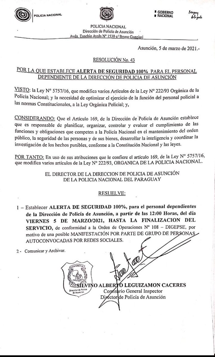 Sofy_Alonzo's tweet photo. La Policía Nacional establece una alerta de seguridad del 100% en Asunción ante la manifestación #EstoyParaElMarzoParaguayo2021.

La convocatoria ciudadana es a las 18:00 frente al Congreso Nacional. @nanduti https://t.co/4LGman5QdF
