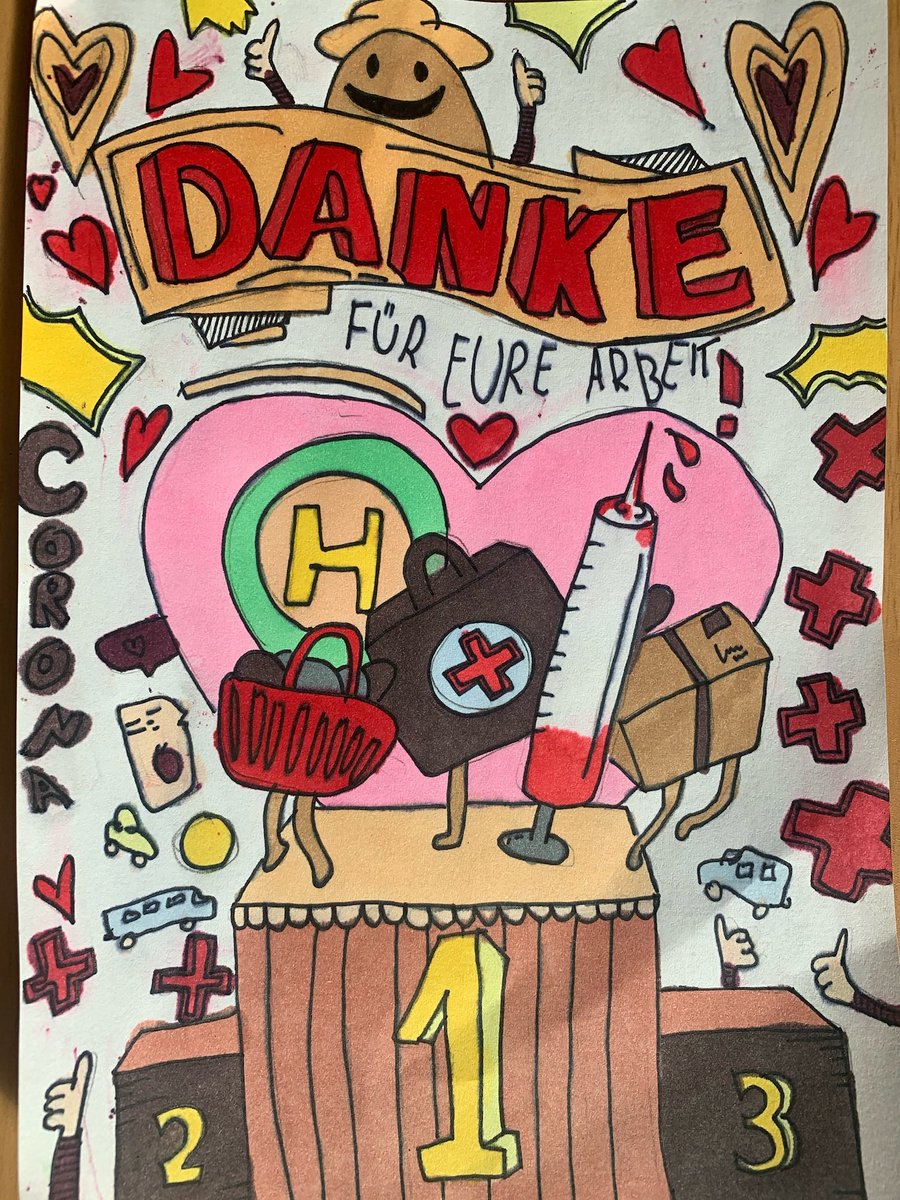 Liebe Tweetys,
meine Tochter hat dieses Bild als Dank an Ärzte,med.Personal, Pflegekräfte u.an alle die an der CoronaFront arbeiten 
gemalt.Verteilen geht nicht,desw.bitte ich um viel RT an entsprechende Menschen💚Thank you💚Passt auf euch auf u.bleibtgesund!