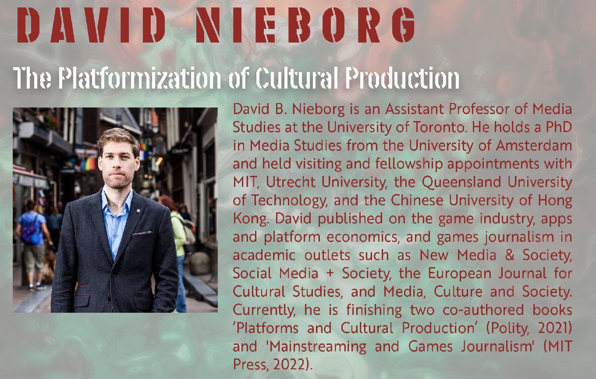 We are also so excited for Dr. David Nieborg's (aka <a href="/gamespacenl/">@nieborg.bsky.social</a>) keynote on the "Platformization of Cultural Production" - an important topic that is near and dear to us here at @CommStudies_CU. #CGCTransitioning2021