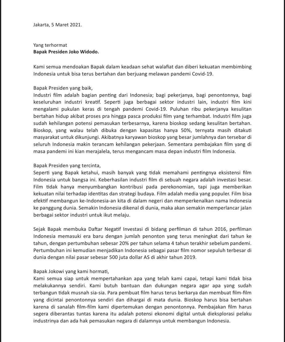 LoeqLoec's tweet photo. SURAT UNTUK PRESIDEN 

Film Indonesia milik kita semua, menjadi sahabat di banyak waktu, merekam banyak peristiwa bangsa. Kami ingin kembali bisa berkarya dan menginspirasi. Kami memohon 
dukungan Bapak Presiden @jokowi. Dan seluruh rakyat Indonesia.

#FilmIndonesiaFilmKita https://t.co/X6S40NaQWX