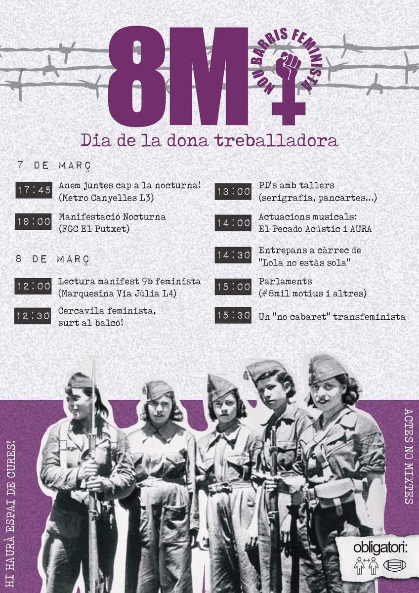 NouBarrisLGBTI's tweet photo. #8M, dia de la dona treballadora a #NouBarris!

Diumenge 7, manifestació nocturna al Putxet amb columna des del barri.

Dilluns 8, #VagaFeminista8M! A les 12.00 h trobada a la Marquesina de Via Júlia. 

Tots els actes són no-mixtes. https://t.co/vytnD7FD6J