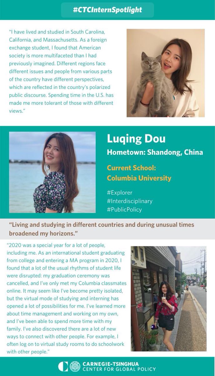 CarnegieChina's tweet photo. #CTCInternSpotlight Luqing Dou, a 2020-21 Carnegie–Tsinghua Young Ambassador on the communications team, shares her insights on U.S. public policy and how she handled the year #2020. https://t.co/ST8KUye4KQ