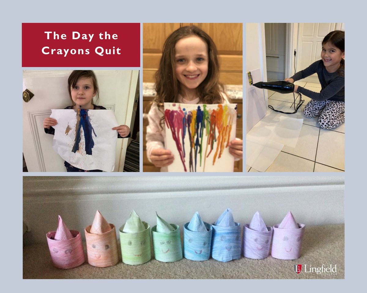 LingfieldPrep's tweet photo. This week Year 2 enjoyed celebrating #bookweek! We read 'The Day the Crayons Quit' and melted crayons to create a very colourful piece of art work! Some of us even made our own crayons and filmed a re-enactment of the story. #Keeplearninggoing #Remotelearning https://t.co/xRgisgDGXK